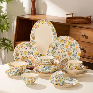 20/29/38 ceramic tableware set, spring pastoral flower pattern, suitable for restaurants, hotels, kitchens, holiday parties, etc., can hold pasta, steak, salad, dessert and other delicacies, wedding souvenirs, New Year, Easter, Christmas gifts