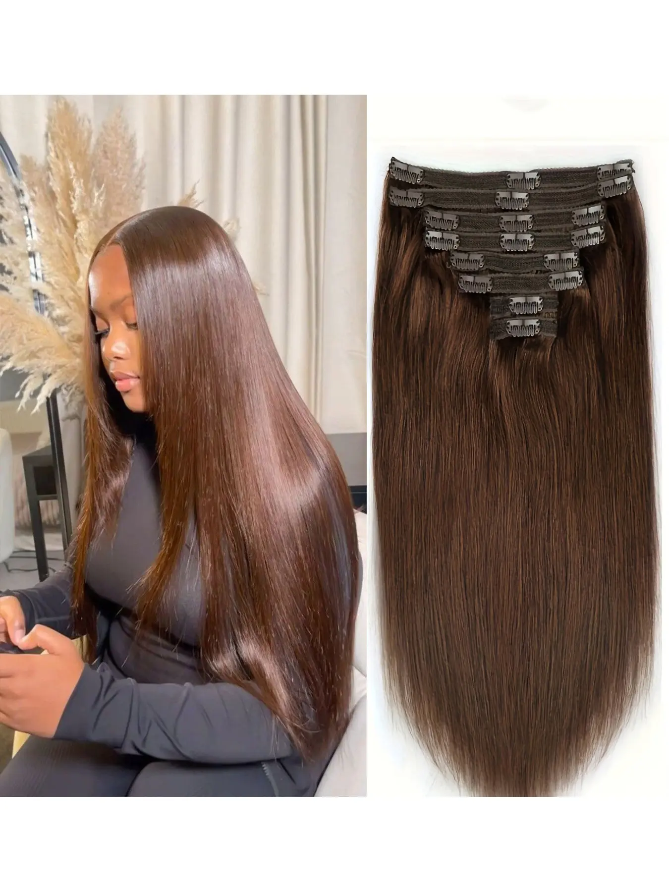 #4 Straight Hair Extensions Clips, Real Human Hair Natural Looking Hair Chocolate Clip-In Hair Extensions, Easy Installation, Secure Clamps, Secure Clipping Mechanism, 8pcs Daily Use, Human Hair Pieces, Hairpieces