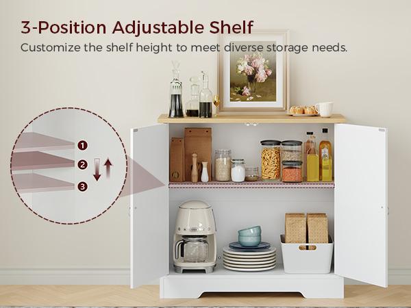 Buffet Cabinet with Storage, 32” Farmhouse Sideboard with Adjustable Shelves, Kitchen Storage Cabinet, Coffee Bar Station, for Dining Room, Living Room, White and Natural