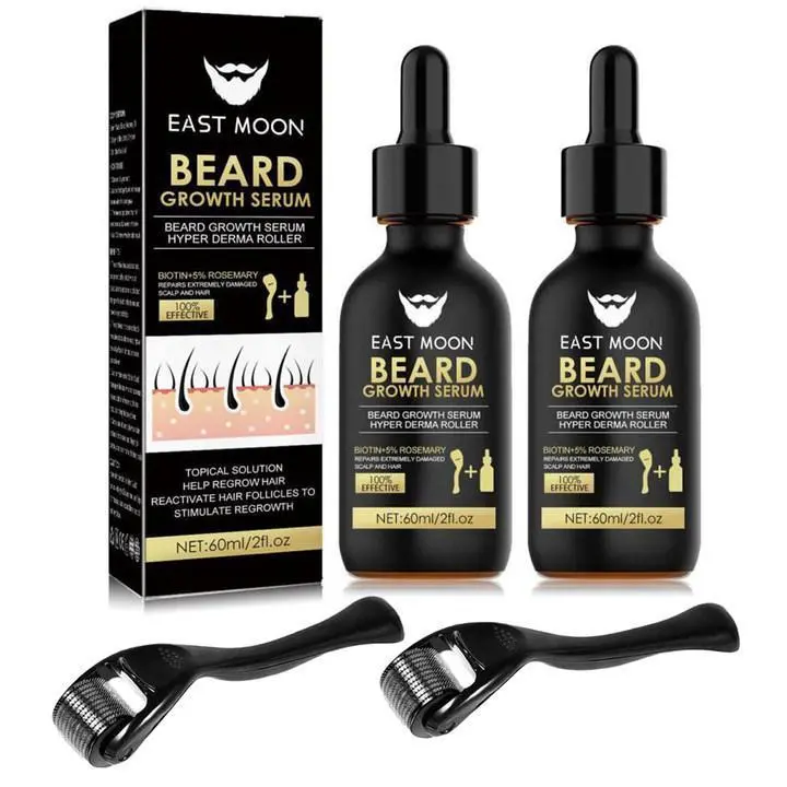 Male 2-Piece Beard & Haircare Kit, 0.25mm Microneedle Roller + 60ml Biotin Serum, Hair Loss Treatment, Moisturizes Skin, Ideal Gift for Dads, Hair Growth Liquid, Thicker Fuller Hair