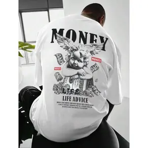 Men's Angel & Letter Print Drop Shoulder Crew Neck Tee, Regular Fit Casual Streetwear Short Sleeve Round Neck Graphic T-Shirt for Summer, Graphic Tees, Menswear for Daily Wear