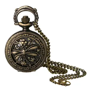 Women's Vintage Pocket Watch - Small Skeleton Hollow Dragonfly Pendant Necklace Quartz Analog Fob Watches with 30.7 Inch Chain