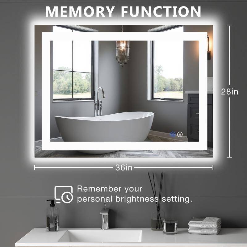 LED Bathroom Mirror with Lights, Anti-Fog Wall Mirror, Ligthed Dimmable Rectangle Bathroom Vanity Mirror with Front Light and Backlit, Memory Function