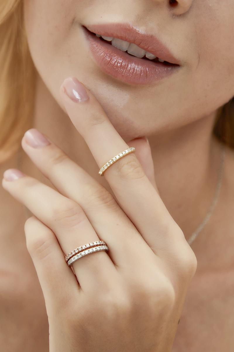 EAMTI 2mm 925 Sterling Silver Wedding Band Cubic Zirconia Full Eternity Stackable Engagement Ring