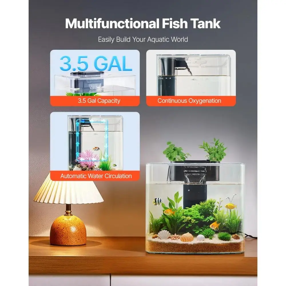 【SummerFinds】VEVOR Fish Tank Aquarium, 3.5 Gallon Arch Ultra-Clear GPPS Starter Smart Tank Adjustable 3 Color Lighting, Self Cleaning System Fishbowl for Freshwater & Saltwater Fish Home, Office, or Pet Use