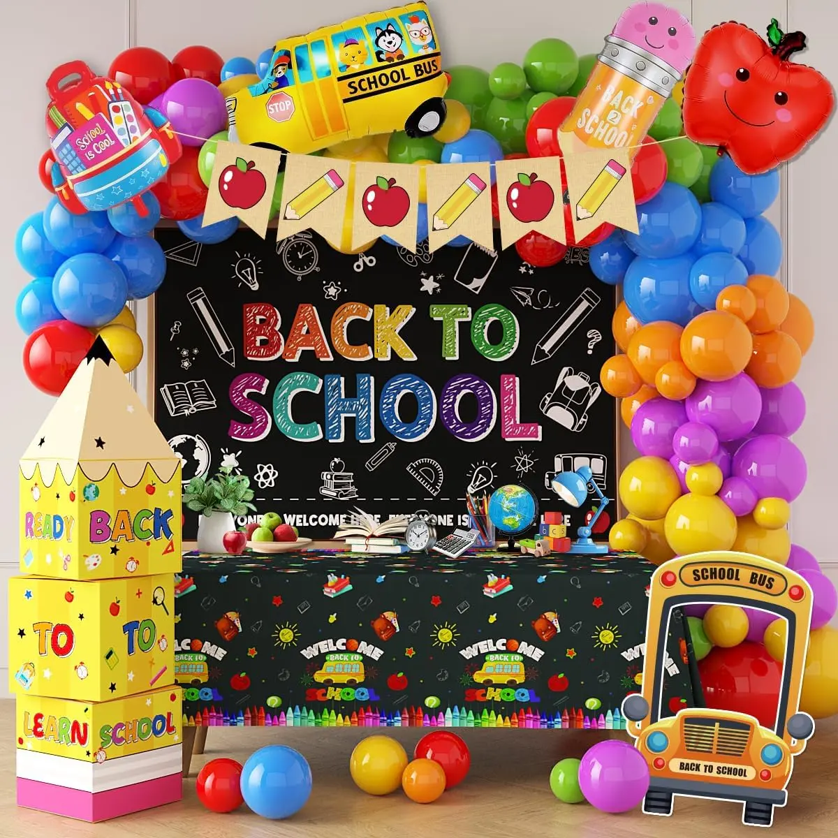 Back To School Decorations First Day of School Balloon Garland Kit with Apple Pencil Banner Backdrop Boxes SchoolBus Photo Prop Foil Balloons Tablecloth for Kindergarten