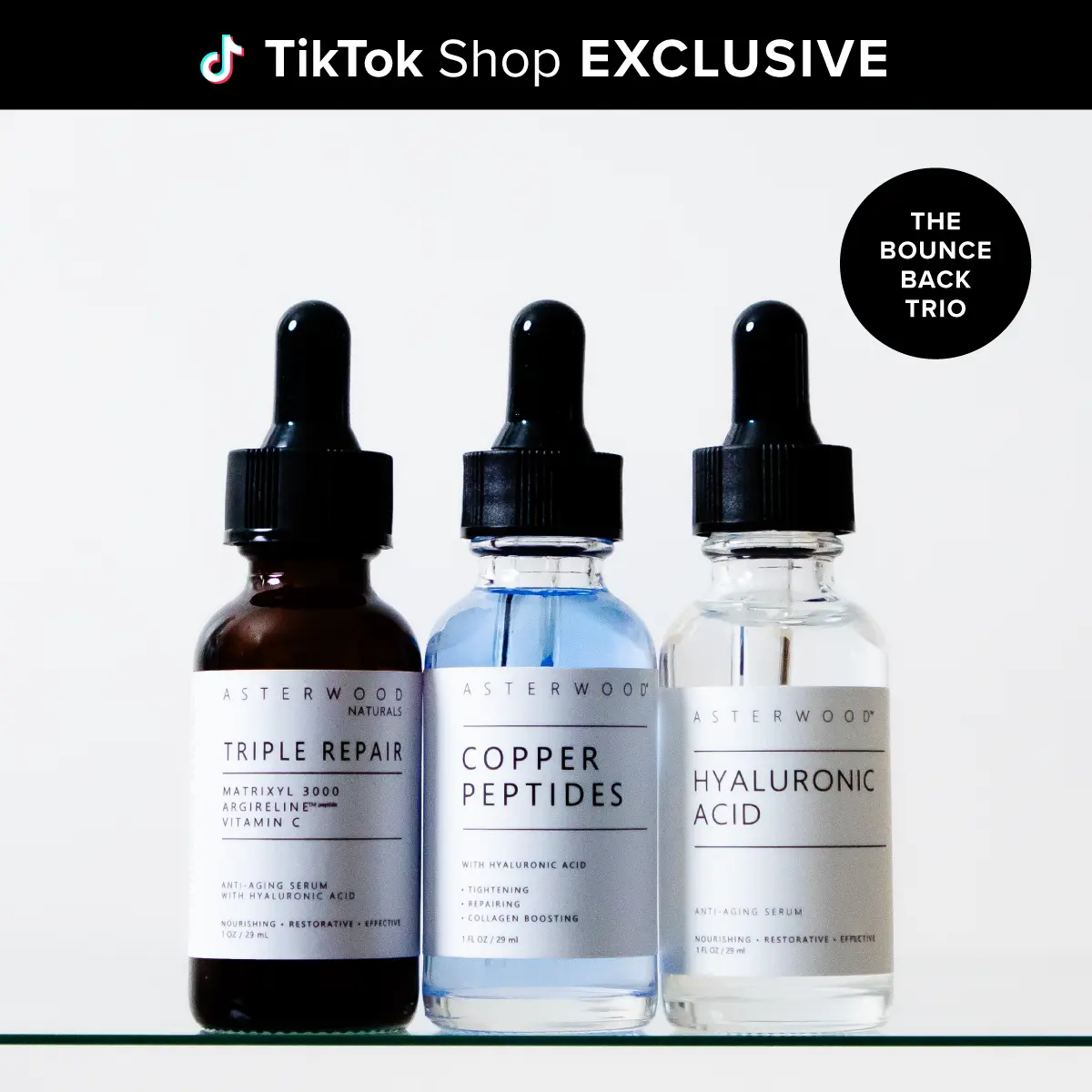 Bounce Back Trio | Copper Peptides Serum + Hyaluronic Acid Serum + Triple Repair Serum | Anti-Aging, Hydrating, Restoring, Collagen Boosting & Brightening Bundle