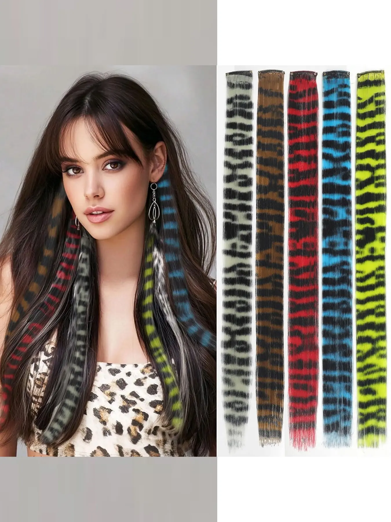 5pcs/pack Scene Hair Extensions Synthetic Clip in Leopard print Hair piece 18inch Long Length Straight Colorful striped Hairpieces Halloween Party Cosplay Y2K Use for Women Girls