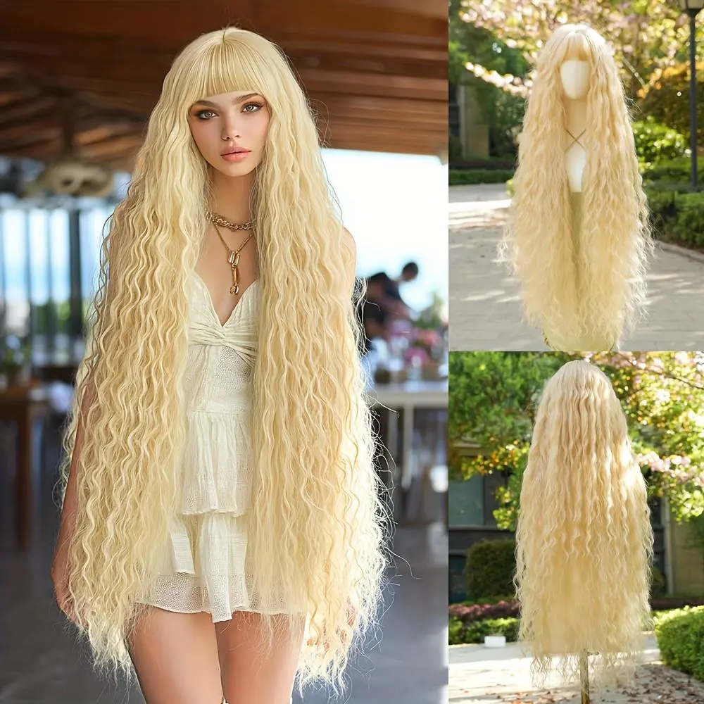 44 Inch Extra Long Blonde Cosplay Wig with Bangs Loose Long Curly Blonde Wig Soft Synthetic Heat Resistant Costume Wig for Women Party Wedding Cosplay Halloween