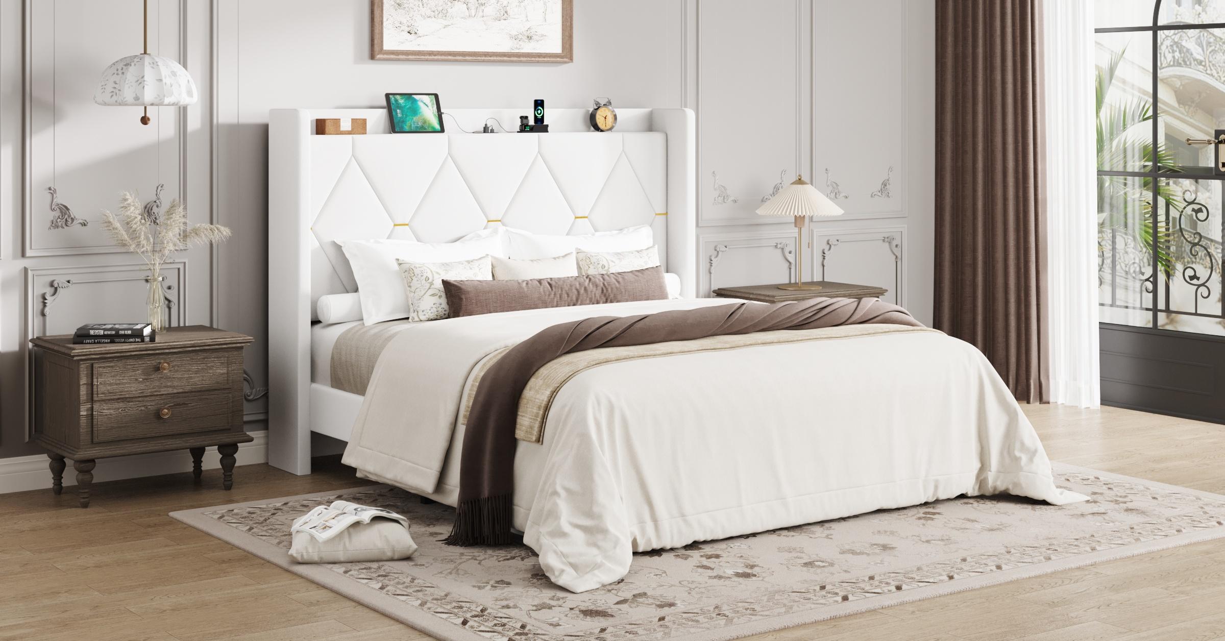 HOOMIC Modern Velvet Upholstered Platform Bed Frame【Frame Only No Mattress】with USB Charging Station and Storage Headboard-Full/Queen/King Size,Diamond Tufted Wingback Design with Gold Trim,No Box Spring Needed,Grey/White/Black