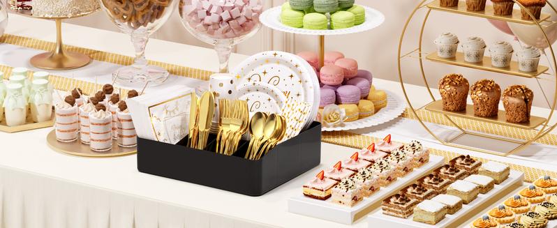 Paper Plate Organizer for Kitchen Countertop, Cutlery Flatware Dispenser Box for Cup Spoon Fork Plate Napkin, Black