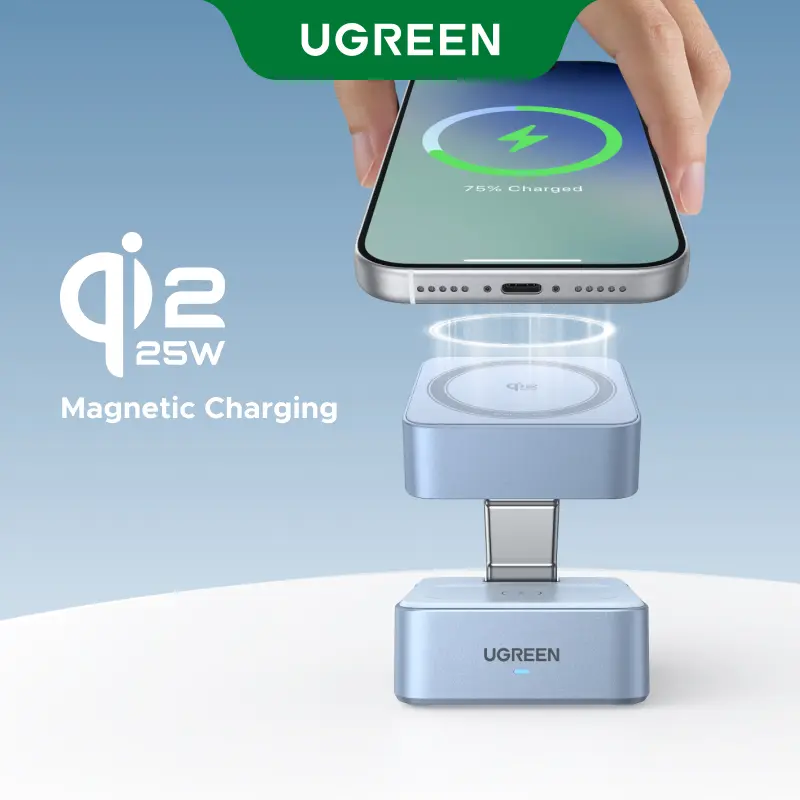 【LIVE ONLY】UGREEN 25W Magflow Wireless Charger 2-in-1 Magnetic Charging Station for iPhone 17/16/15/14/13/12 Pro Max, Fast Qi2 Certified Foldable Stand with USB-C Port, Compatible with AirPods, Dual Device Charging,TikTokShopholidayhaul