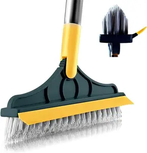 2 in 1 Cleaning Scrub Brush Grout Brush Scrape Floor Scrub Brush with Long Handle V-Shape Stiff Bristle Brush Scrubber with Squeegee 120°Rotating Magic Broom Brush for Cleaning Bathroom Glass Wall
