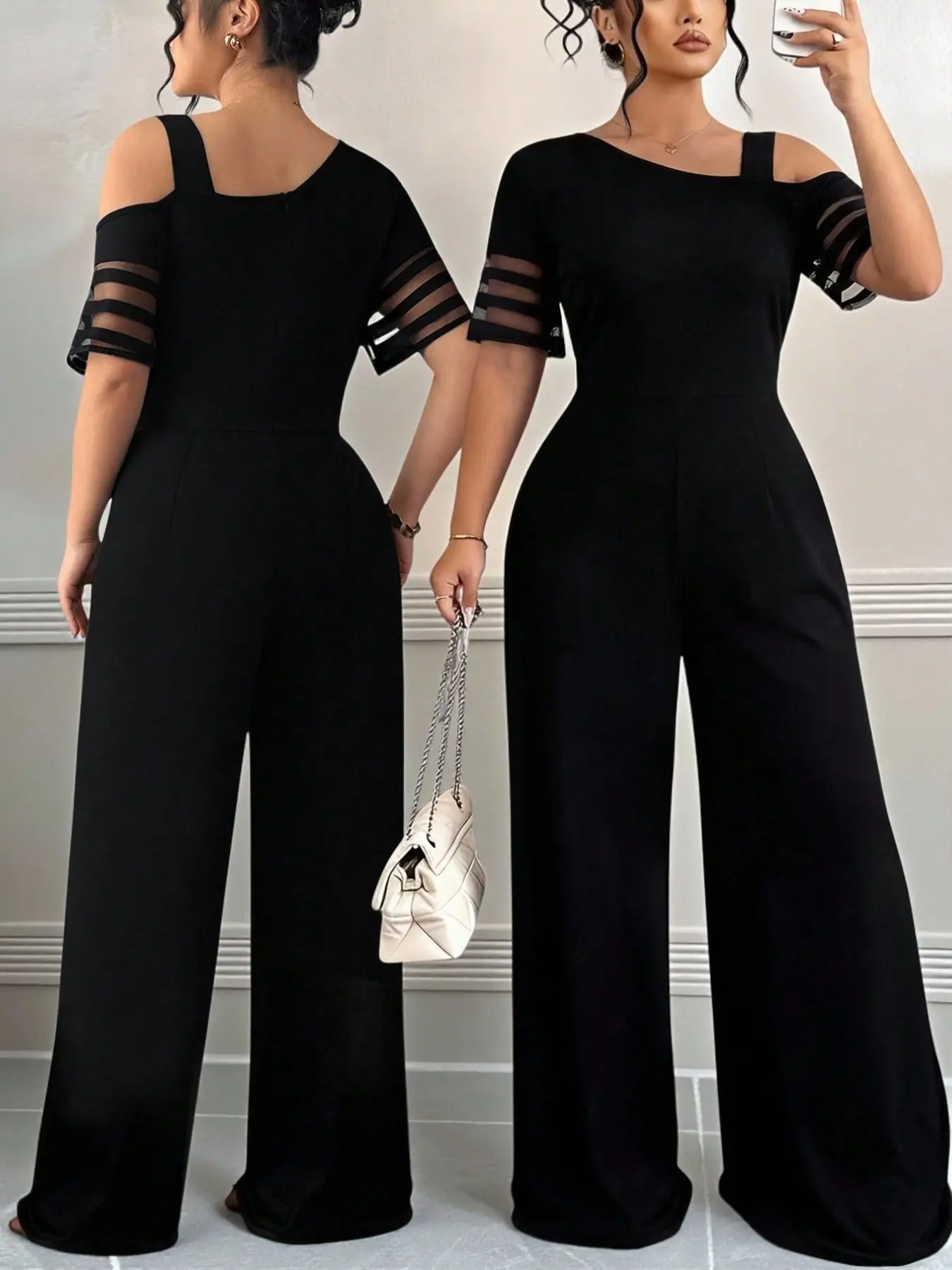 Plus Size Women's Off-Shoulder Jumpsuit, Contrast Mesh Design, High-Waisted Wide Leg, Summer Office Party Date, Slimming Sexy Chic Style