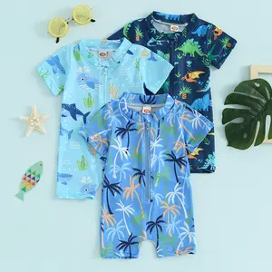 Baby Boy UV-Protective One-Piece Swimsuit, Short-Sleeve Zip-Up, Summer Beach Swimwear for Toddlers