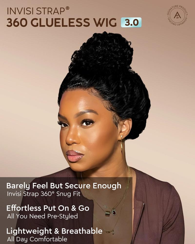 Water Wave 360 Lace Frontal Wig with Invisi Strap Brown Balayage Highlight Adjustable Fit Pre-Bleached and Pre-Cut Skin Lace