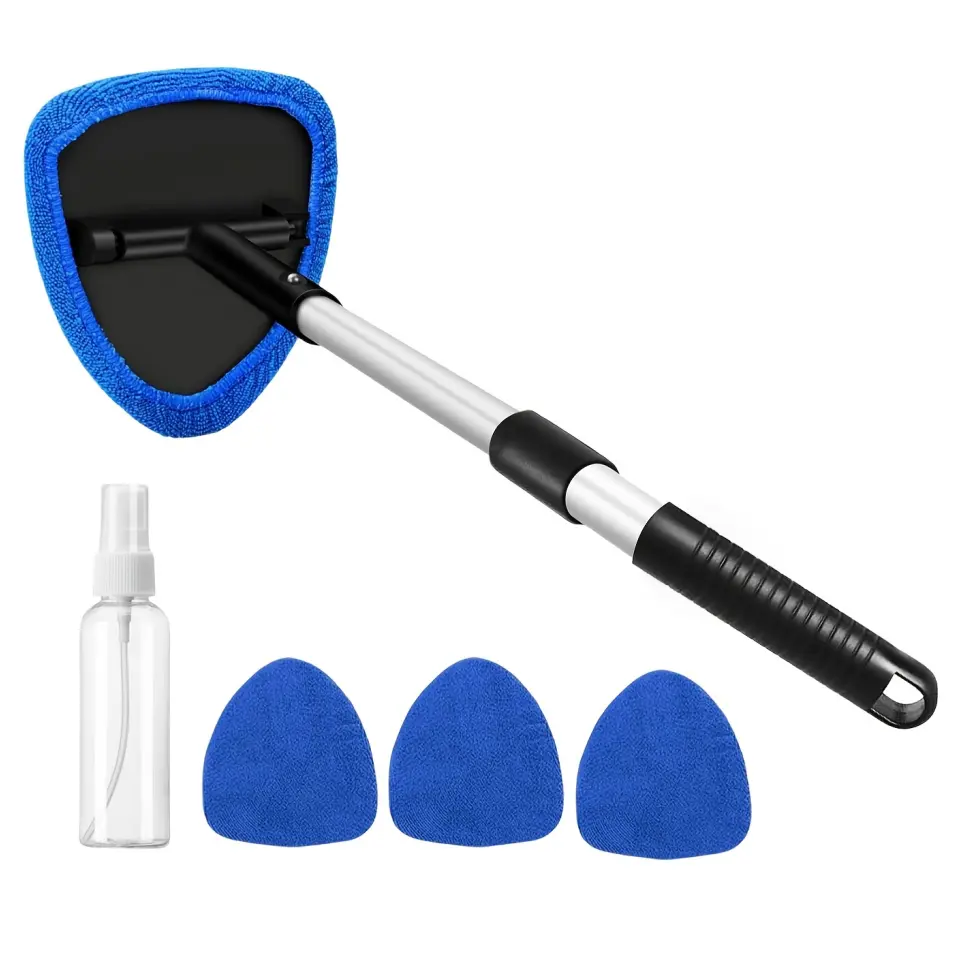 Windshield Cleaning Tool, Car Window Cleaner Windshield Cleaner with 4 Reusable and Washable Microfiber Pads and Extendable Handle Auto Inside Glass Wiper Kit
