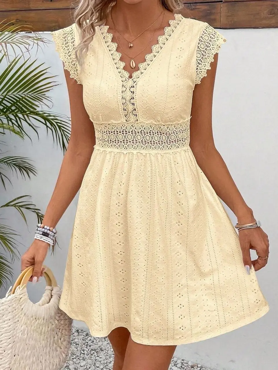 Hollow Out Jagged Edge Short Sleeve Casual Dress - Blue Summer Beach Vacation Resort Dress