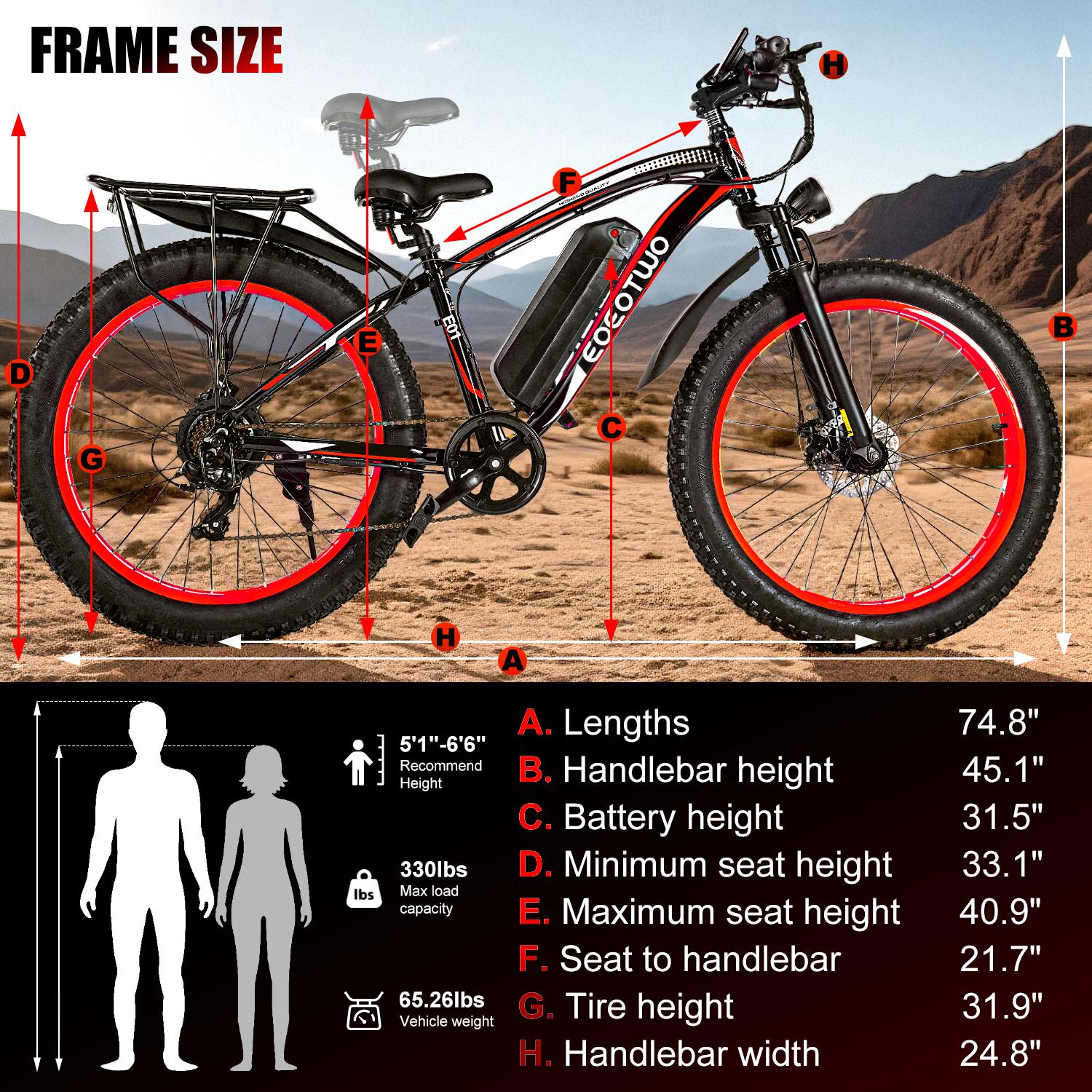 [EOEOTWO E01] 1500W Peak Motor Electric Bicycle with Front Suspension 48V 15AH Battery 26"x 4.0 Inch Tires 30+ MPH Speed 70 Miles Range for Snow Mountain Road Riding