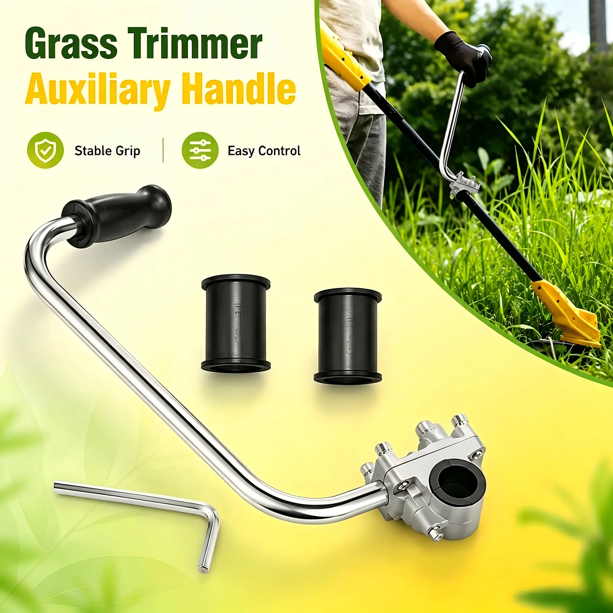 Universal Ergonomic Grass Trimmer Auxiliary Grip Kit, Set Pack with Clamp, 2 Adapter Sleeves, Hex Wrench, Adjustable Length for Trimmer Shafts, Yardwork Accessory for DIY Users & Lawn Edgers, Adjustable Size, Secure Clamp