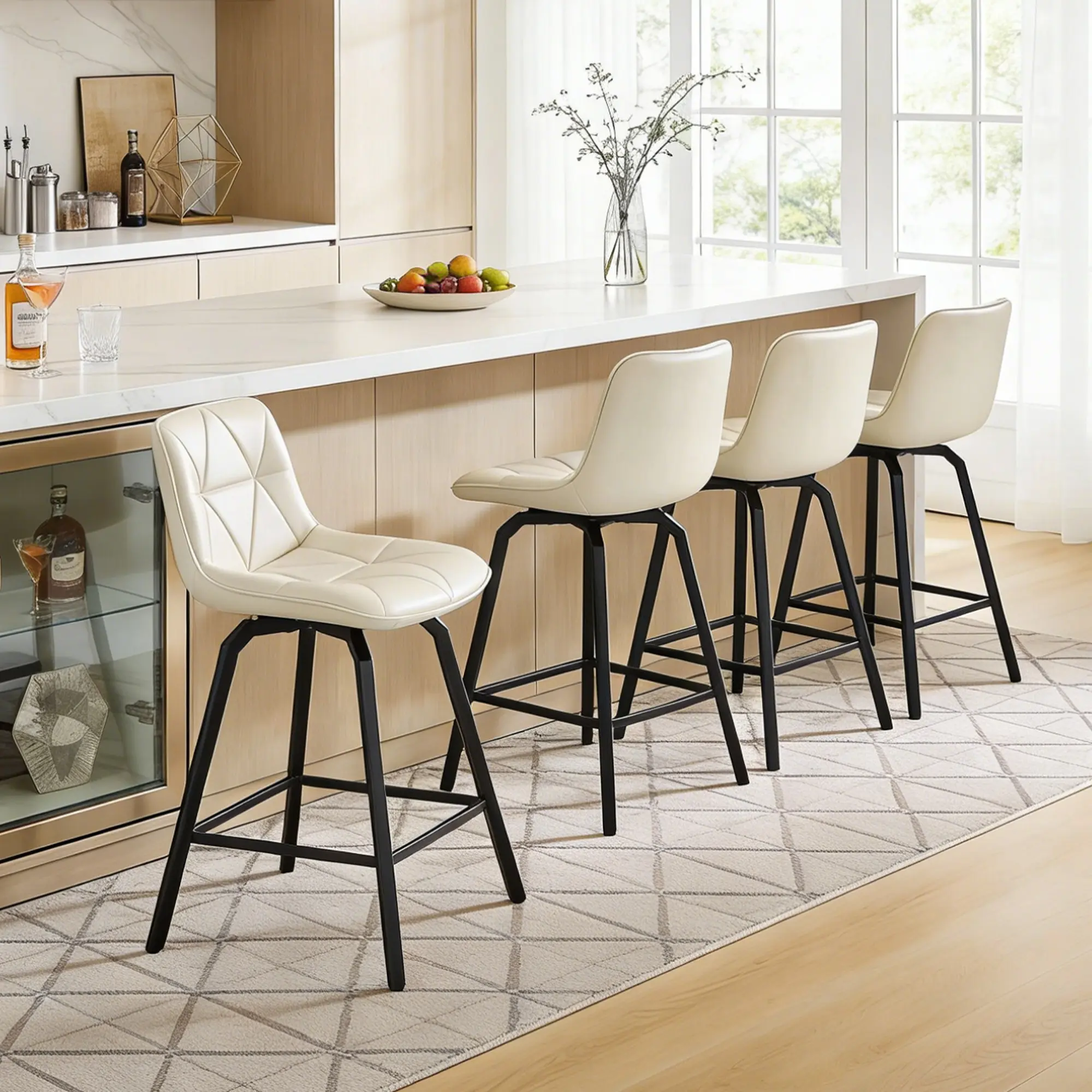 26" Counter Height 360° Swivel Waterproof Leather Barstools Set of 2/3/4, Geometric Triangular Pattern Faux Leather Seat, Metal Legs & Back, Footrest Stools, Modern Upholstered Chair, 360 Home Bar Furniture for Kitchen Counter & Island, Foot Rest Stools,