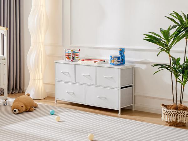 Sweet Furniture S - Organizer Storage 5, Chest of Drawers with Fabric Bins, Long Dresser with Wood Top for Bedroom, Closet, Entryway