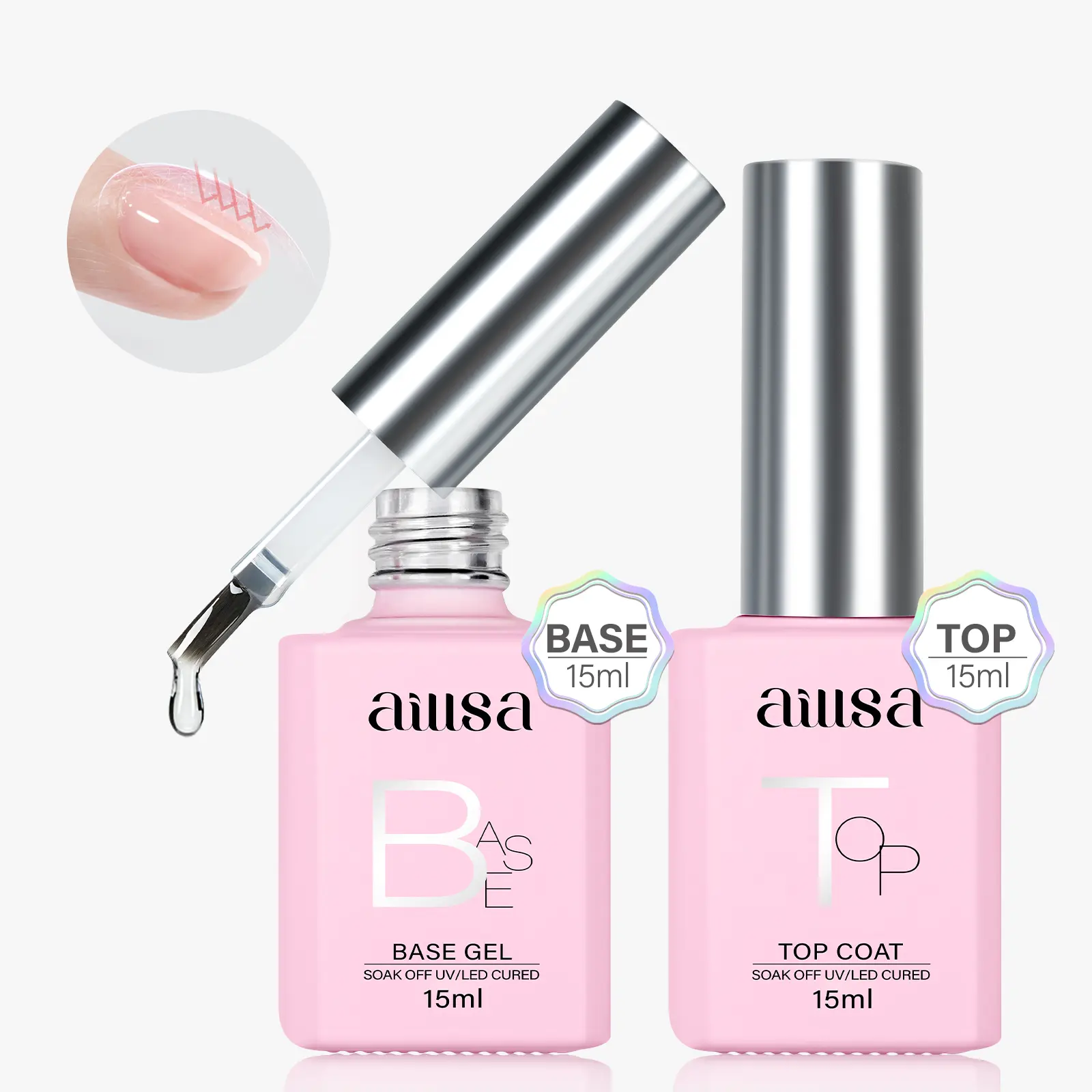 AILLSA Gel Base and Top Coat Set, 15ml 2-Piece No Wipe Formula for Long-Lasting Glossy Shine, Healthy Formula for Gel Nails at Home, 21+ Day Wear, UV/LED Cure, Healthy Nail Polish, Nail Supplies, Shiny Buff Nails