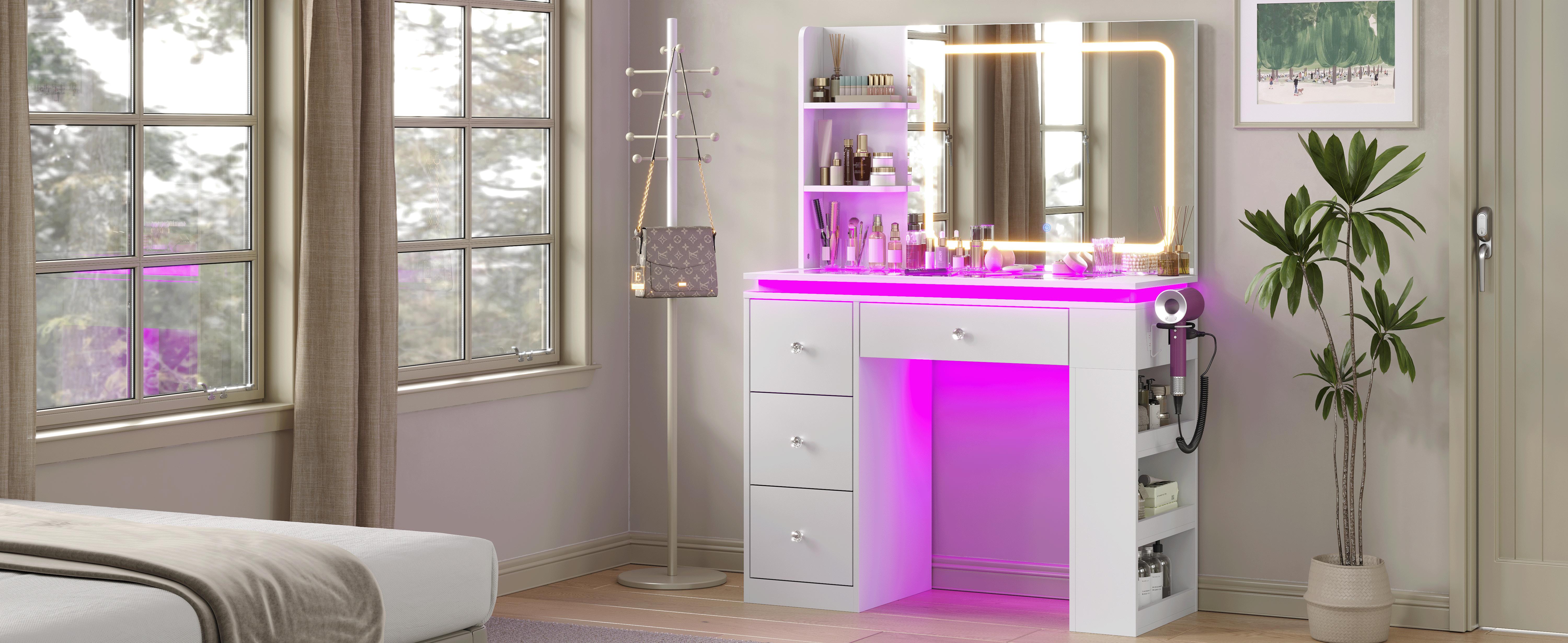CollaredEagle LED Lighted Makeup Vanity with Mirror & Storage Drawers for Bathroom & Bedroom White Finish with Charging Station & Adjustable Lighting