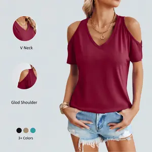 Imily Bela Women's Summer Cold Shoulder Tee V Neck Short Sleeve Casual Blouse Top for Everyday Wear