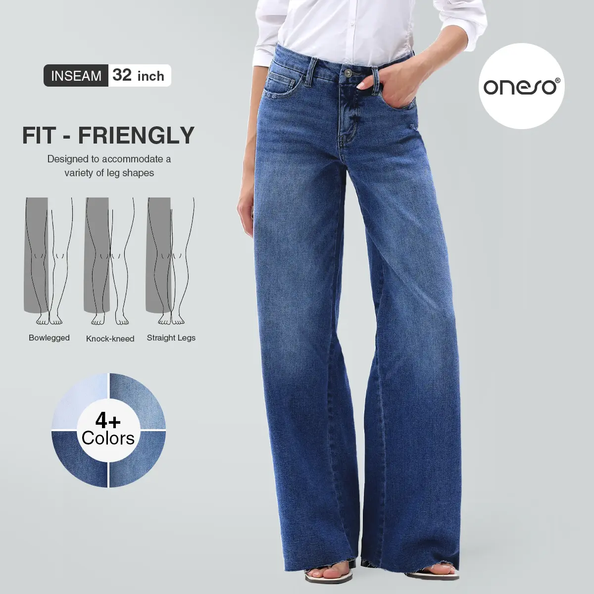 Women's Ella ONESO Stretchy BBL Flex Jeans - Mid Waist, Distressed Raw Hem, Wide Leg Denim Pants, Baggy Basic Fabric, Cold Wash, Minimalist Spring Daily Outfits