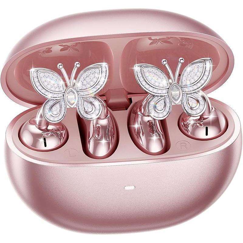 [Spring Deals] Coucur 2026 Jewelry-Inspired Clip-On Earbuds with Butterfly Earrings Comfortable Fit 50H Playtime Bluetooth 5.4 Wireless Headphones for Women Sports Workouts