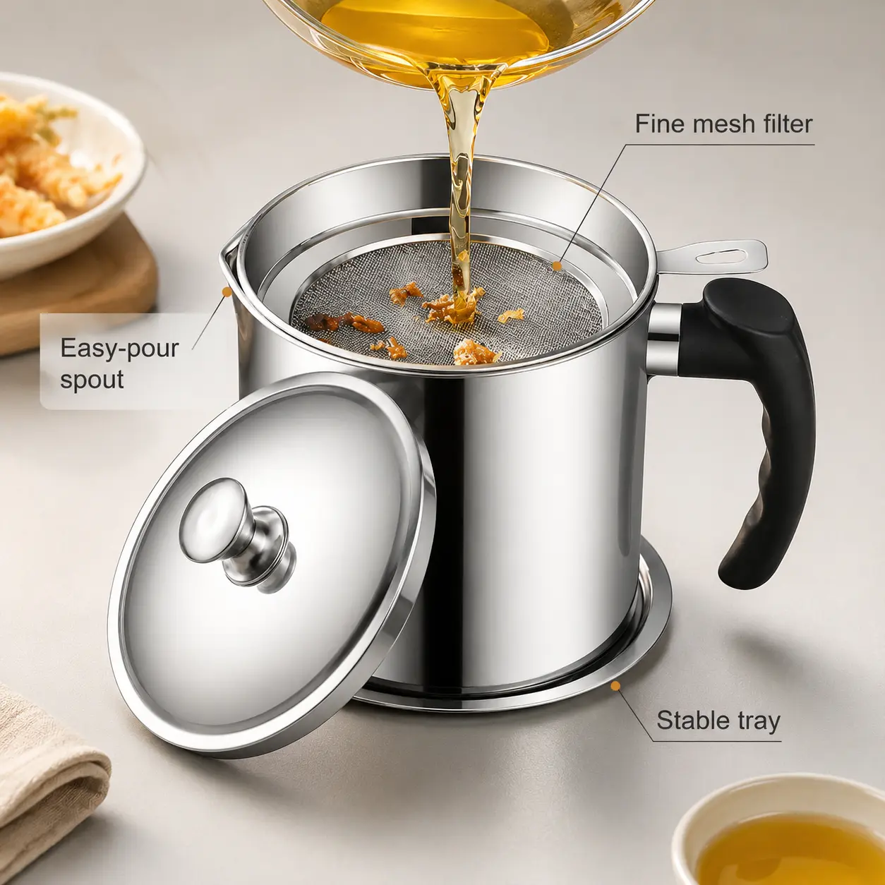 Stainless Steel Oil Filter Pot with Lid & Tray, Kitchen Grease Strainer Container with Fine Mesh Filter, Reusable Cooking Oil Storage Can with Easy-Pour Spout and Anti-Scald Handle