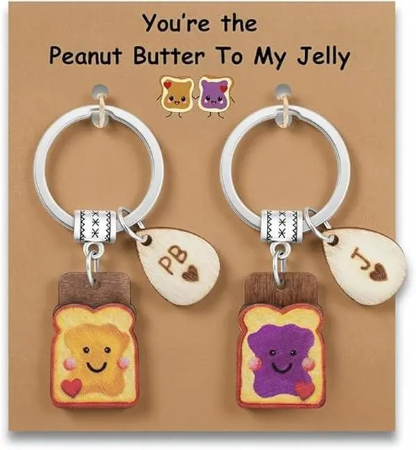 Wooden Keychain Set, 2-Piece Cute PB&J Charm Toast Keyrings, Smooth Matching Gift for Couples, Best Friends, & Siblings on Anniversary, People, Keychain Inspo, Toast Shape, Cute Couple, Gifts For Girlfriend, Gf Gift