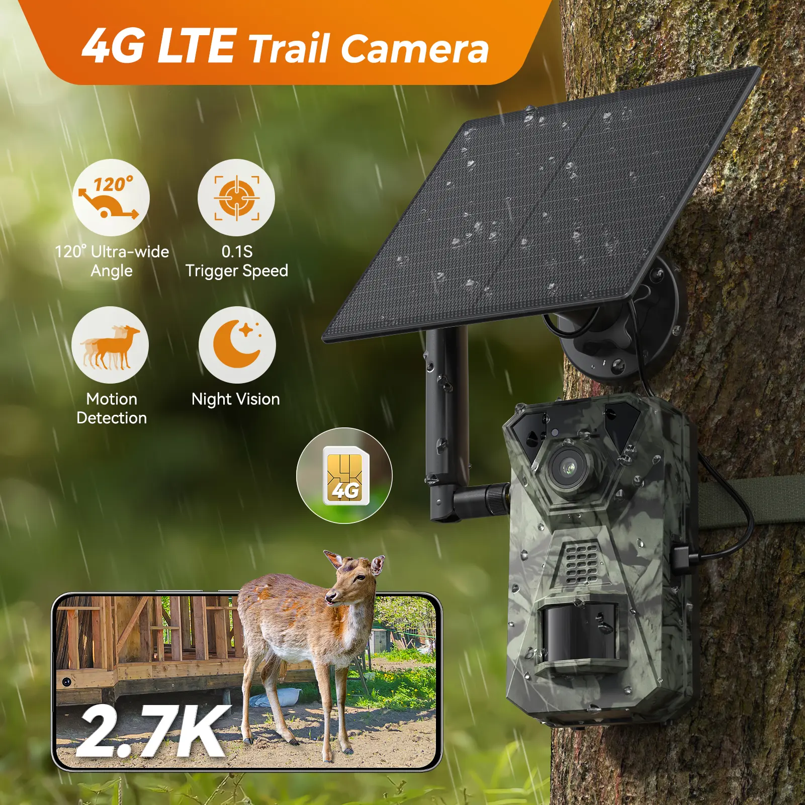 Deatti Solar Powered 4G LTE Trail Camera – Wireless 2K Wildlife Camera with Live View, Mobile App Control, Night Vision, Motion Detection & Waterproof Design for Hunting, Farm and Outdoor Security