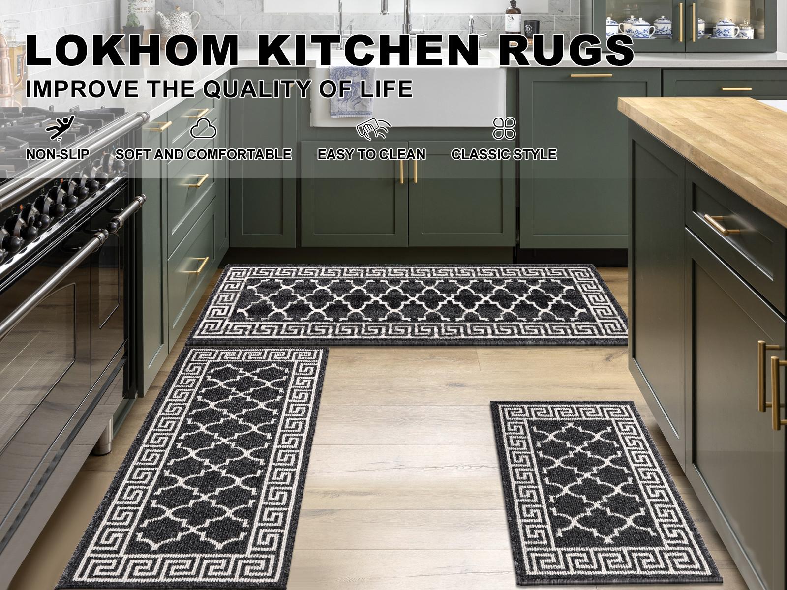 LOKHOM Geometric Kitchen Rug Set of 3 Non-Slip Mats 50x80cm 50x120cm 50x150cm Washable for Indoor Use in Kitchen Laundry Hallway Entryway