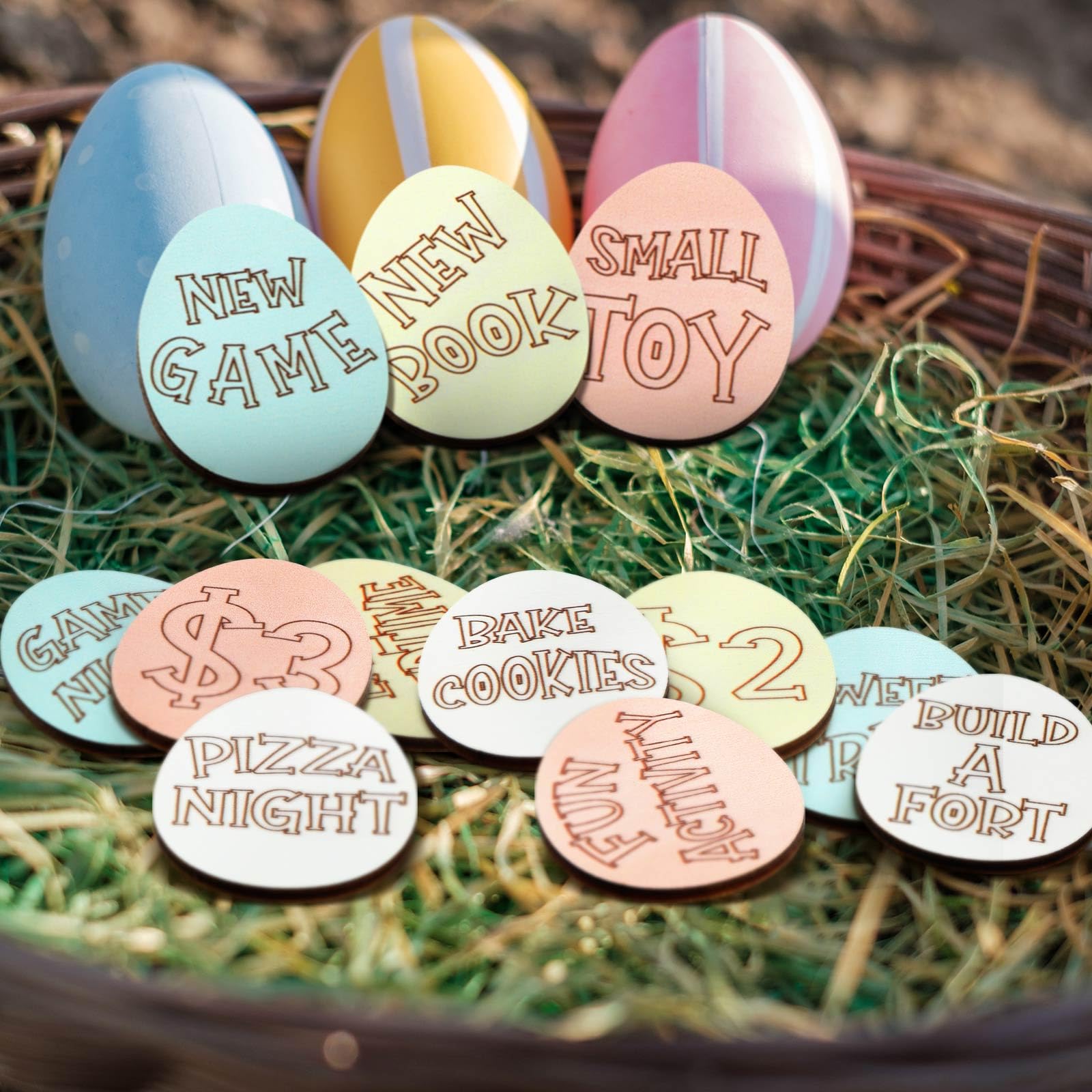 Easter Egg Tokens 30/120 Pcs Reusable Wooden Reward Tokens with 20 Engraved Sayings + 4 Gift Bags - Kids Teens Classroom Prizes Non-Candy Easter Basket Stuffers Spring Party Supplies Set