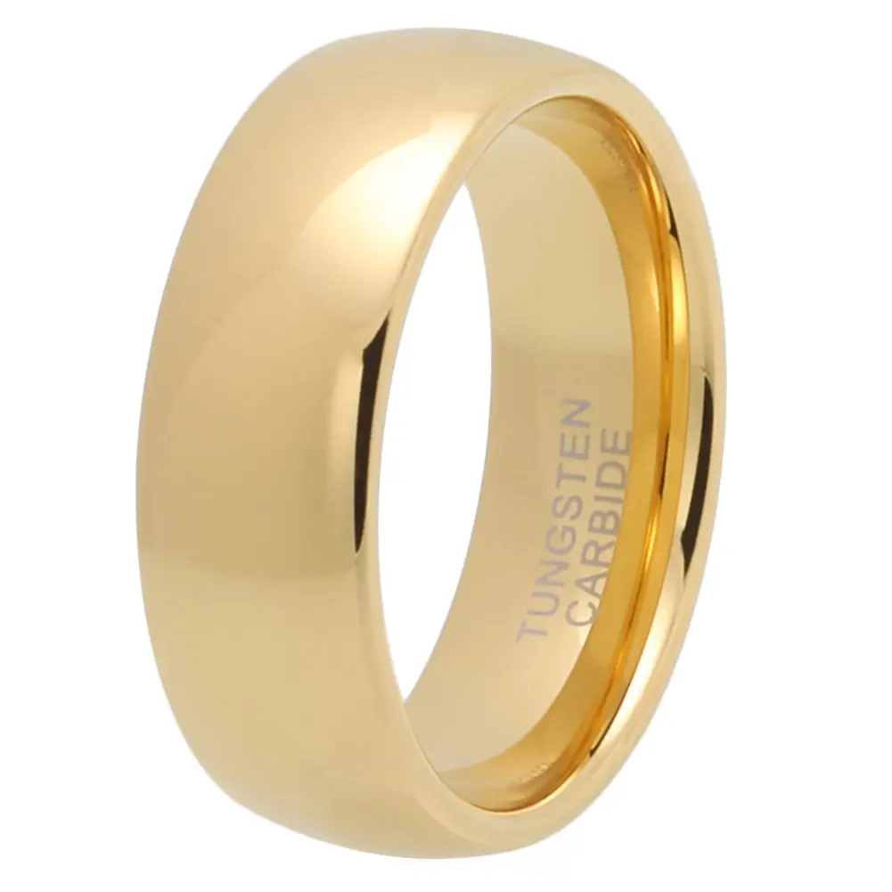 Men's Wedding Band, 8mm Gold Polished Dome Tungsten Carbide Ring, Classic Basic Comfort Fit for Everyday Wear, Male Wedding Bands, Ceremony, Dome Profile, Plain Surface, Highly Scratch-Resistant, Round Band