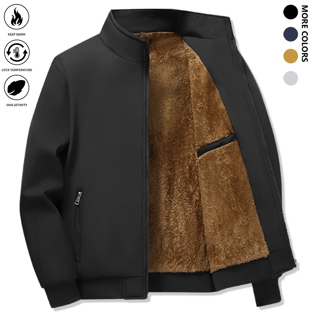 Men's Plain Thermal-Lined Fleece Coat - Regular Fit, Long-Sleeve Zip-Up Menswear Top, Casual Fall & Winter Daily Outerwear