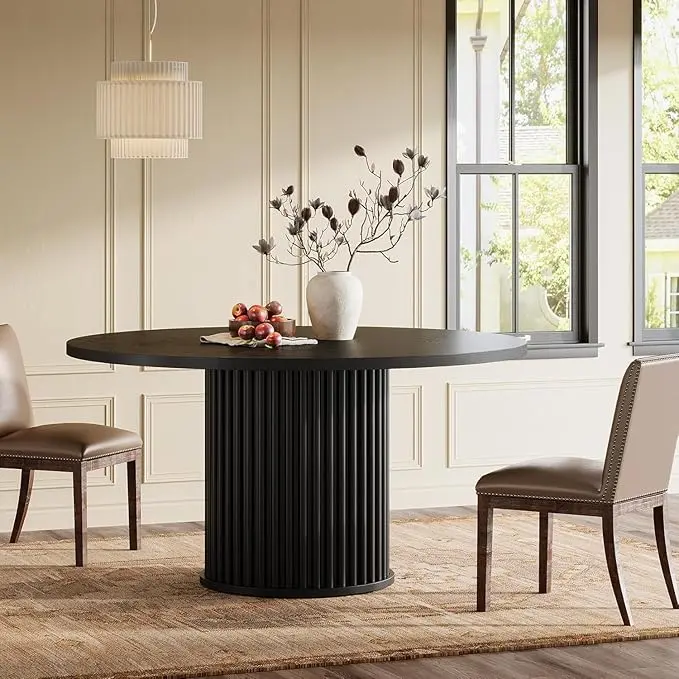 Tribesigns Black Round Dining Table for 4-6 People, 47.24-Inch Circle Kitchen Table with Sturdy Fluted Metal Base, Modern Dining Room Furniture