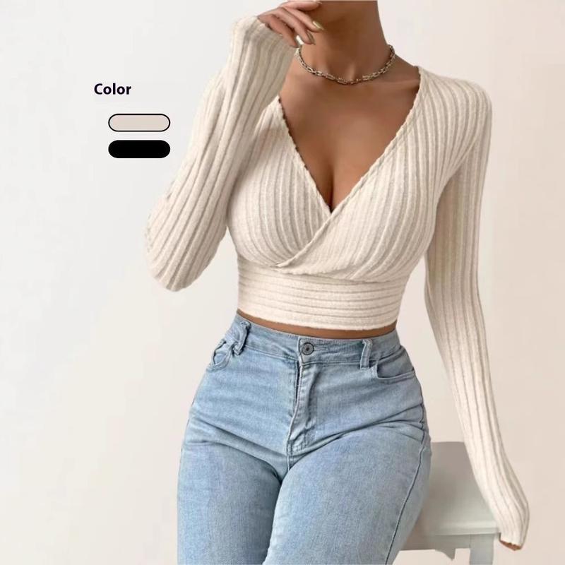 Short Deep V-neck Slim-fit Long Sleeve Knitted Sweater in Apricot & Black for Winter Pullover Style Thick Polyester Plain Design