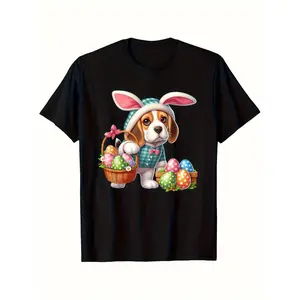 Men's & Women's Easter Beagle in Bunny Costume T-Shirt - 100% Cotton Retro Short Sleeve Tee with Beagle Bunny Ears & Paws Print, Casual Round Neck for Easter Party Outfit
