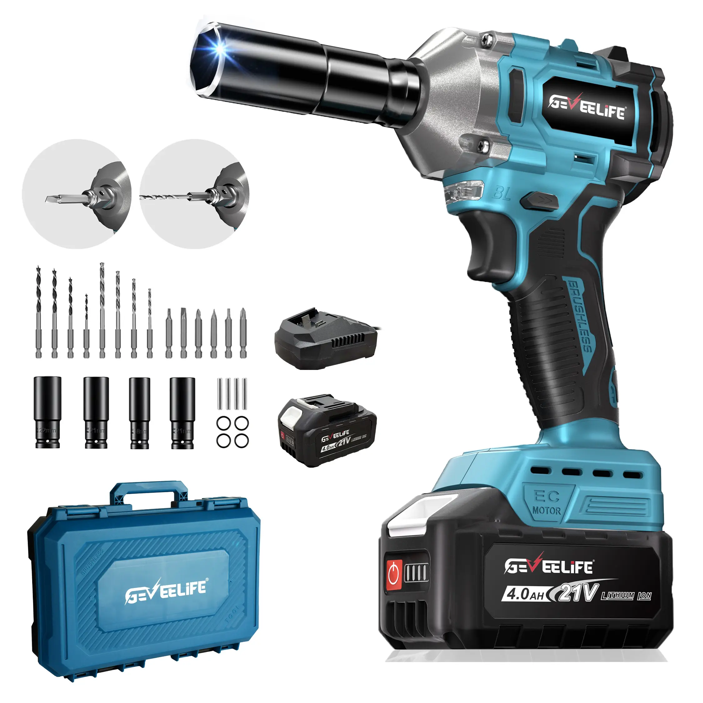 GEVEELIFE 3 in 1 Impact Wrench,450N.m (332Ft-lbs)Brushless Impact Wrench 1/2", Cordless Power Tool Kit with 1*4.0Ah Battery, Fast Charger & Sockets, Electric Impact Gun for Truck, RV & Car Repair, Car DIY Furniture Lawn Mower,gifts for dad