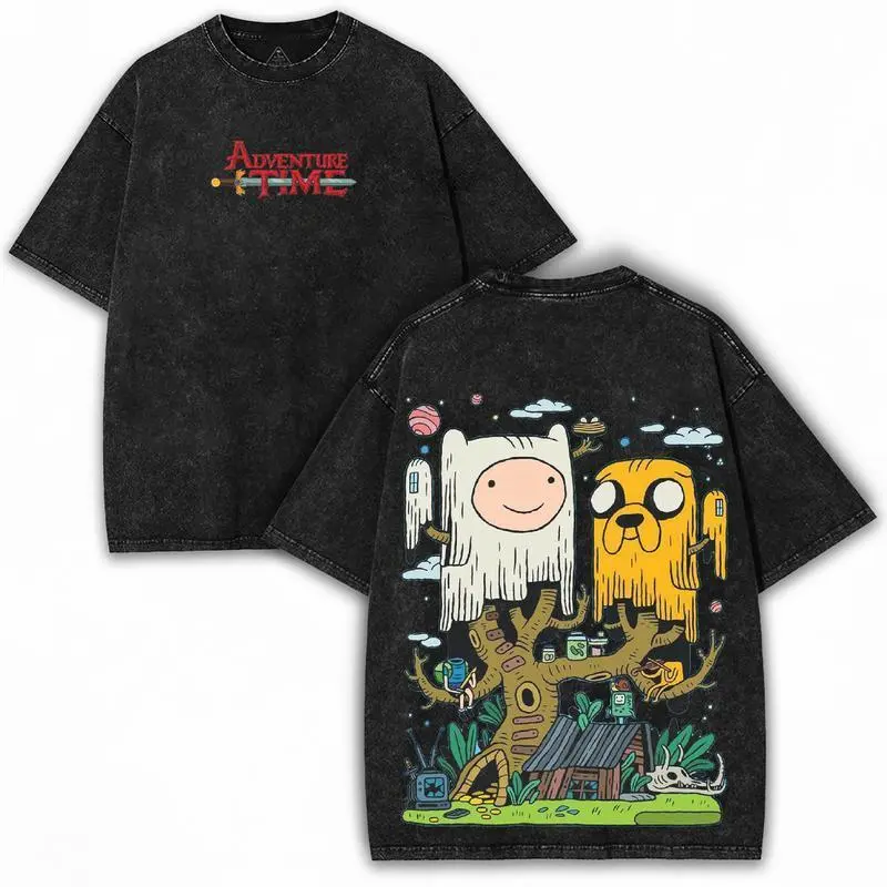 Men's Adventure Time Oversized Short-Sleeve Round Neck T-Shirt - Retro Cartoon Streetwear, Heavy Cotton, Limited Festive Festival Drop, Black Casual Tropical