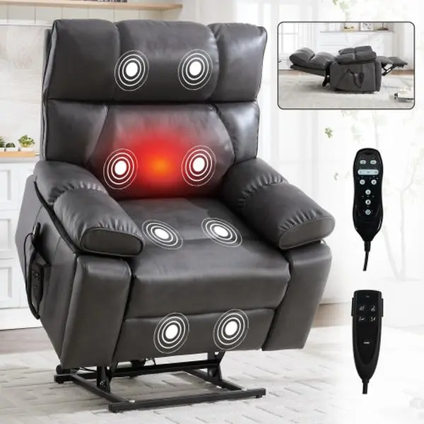 Oversized Power Lift Recliner Chair for Adults, Large Electric Lift Recliners with Massage Heating, Medium-Firm Electric Lay Flat Reclining Chair Sofa for Living Room, Leather Dark Gray