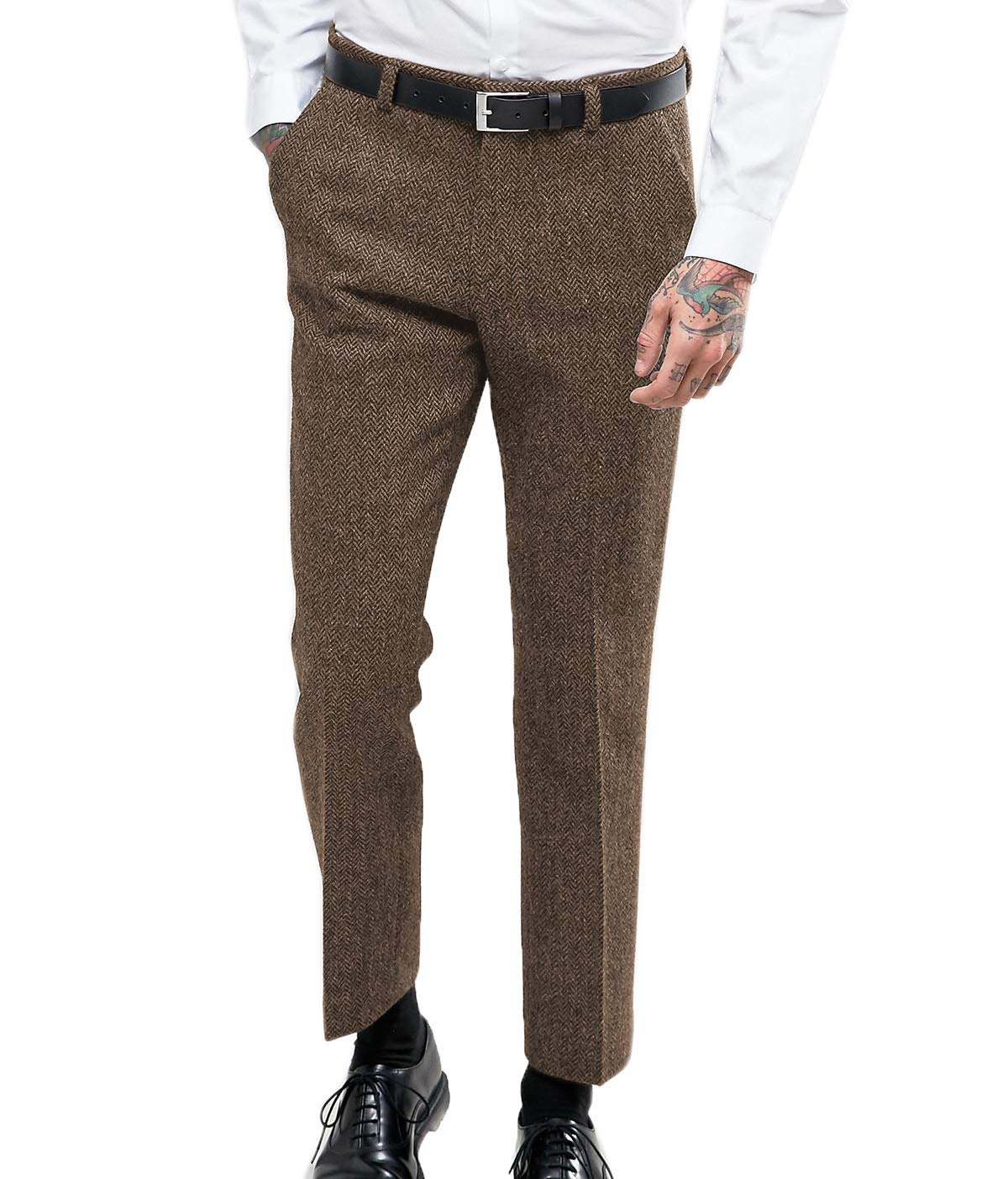 Men's Retro Dress Suit Pants Thick Wool Flat Front Herringbone Tweed Trousers