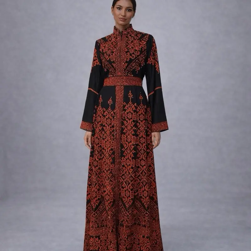 Women's Islamic 3-Piece Kaftan Dress Set - Chiffon Material, Belt, Under Dress, Embroidery Abaya for Occasions