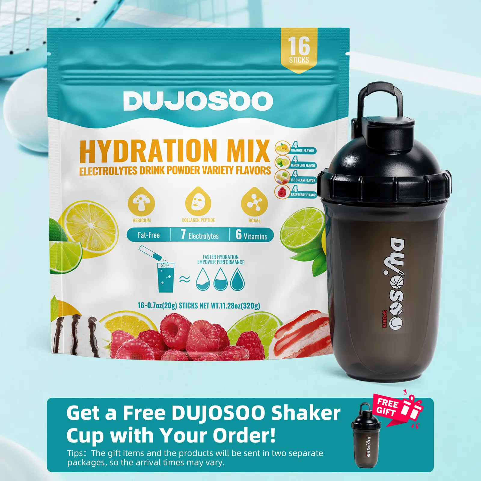 DUJOSOO Protein-Containing Electrolyte Powder Hydration Mix (Need Shake Thoroughly!) - 7 Electrolytes & 6 Vitamins - Fat-Free Drink Powder with Hericium, Collagen Peptide, BCAAs - 16 Servings - Free Shaker Cup Included