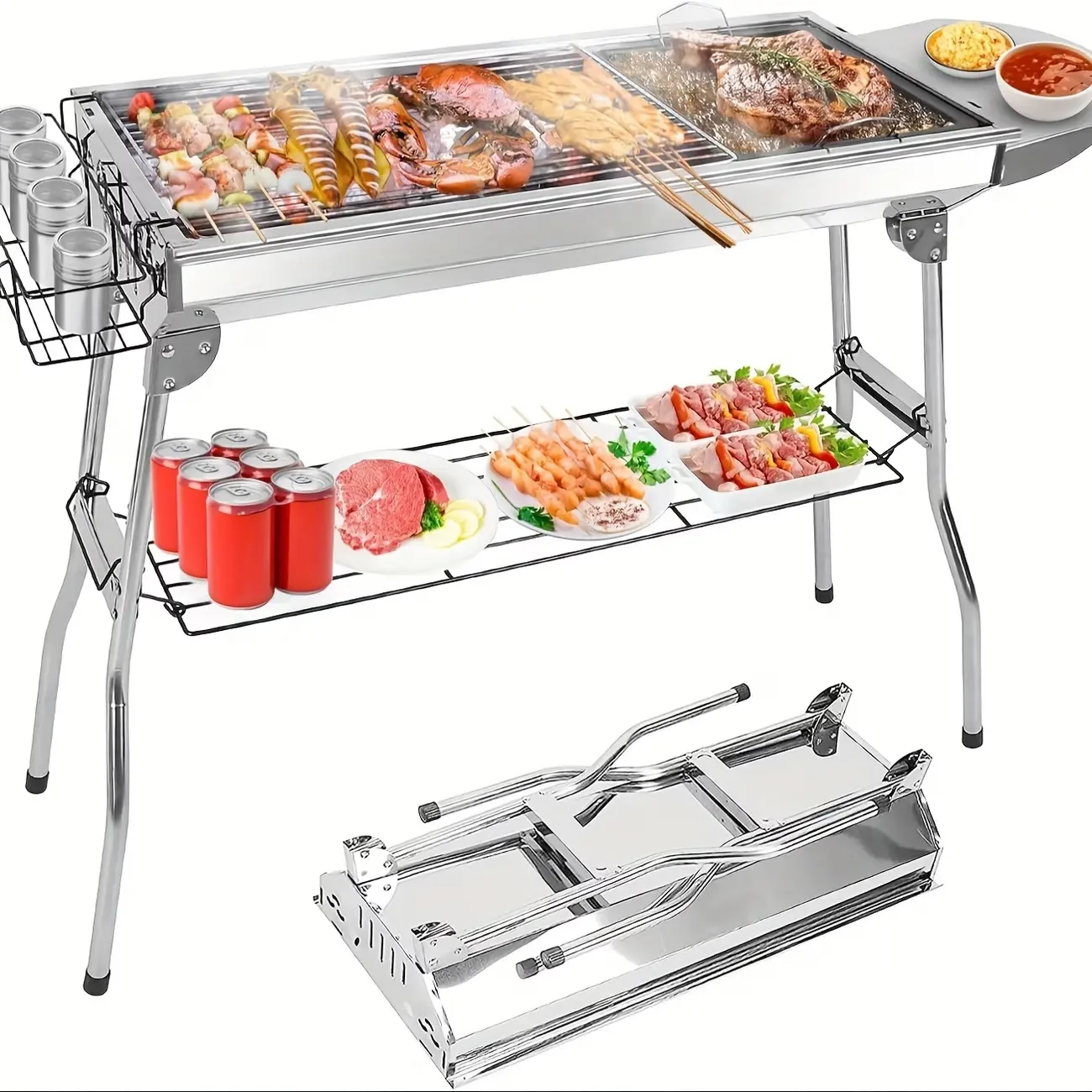 Sturdy Rectangular Stainless Steel Portable Folding Charcoal Grill - Korean BBQ, Kebab, Yakitori Cooker - Family Size Outdoor Freestanding Barbecue, Charcoal Grill Freestanding Barbecues, Family Size Freestanding Barbecues