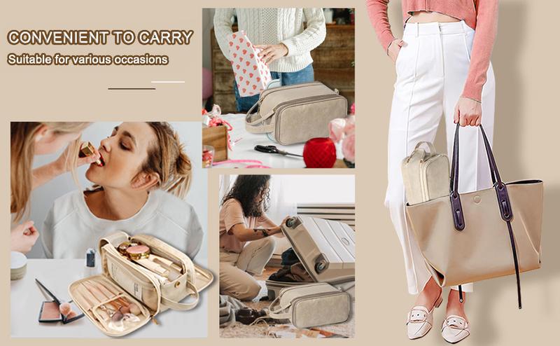 Large Capacity Cosmetic Organizer ,Travel Makeup Bag Organizer, Large Capacity Toiletry Bags for Traveling, Flat Open Waterproof PU Leather Cosmetic Bag with Compartments and Handles