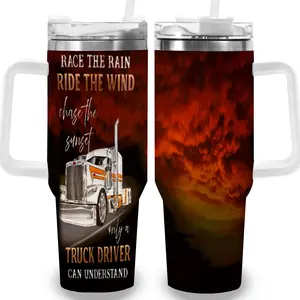 1pc 40oz Truck Driver Sunset Tumbler with Lid, Insulated Travel Mug, Gift for Women Men, Ideal for Halloween, Independence Day, Memorial Birthday Gift, Coffee Cup, weird stuff
